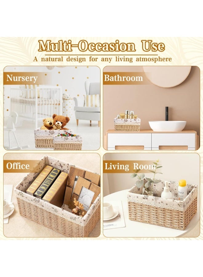 ناما سلات تخزين طبيعية ٣ أحجام بزخرفة مع بطانة قابلة للإزالة، منظم ضفيرة مثالي، تصميم مربع بلون بيج من حبل ورقي منسوج وحبل قطن مع بطانة قماش مطبوع بالزهور - Image 2